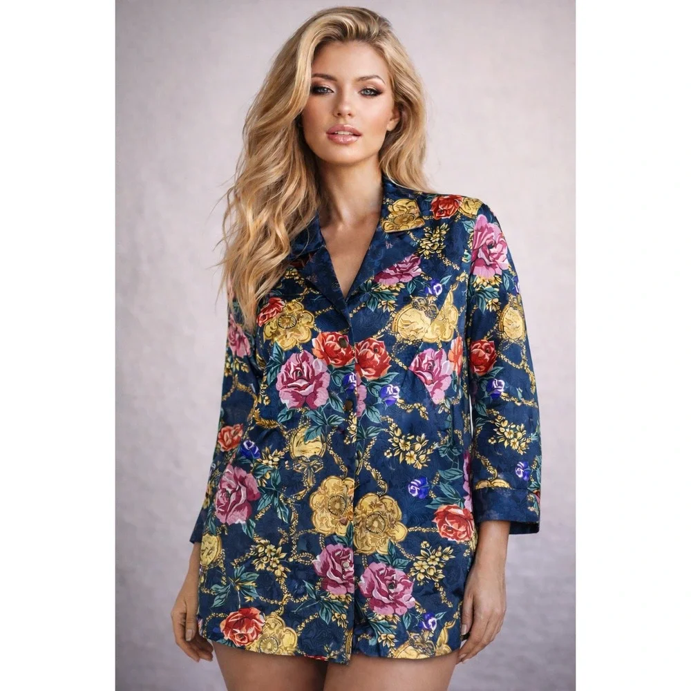 Vintage Victoria's Secret Gold Label Floral Satin Sleep Shirt Nightgown Robe M/L